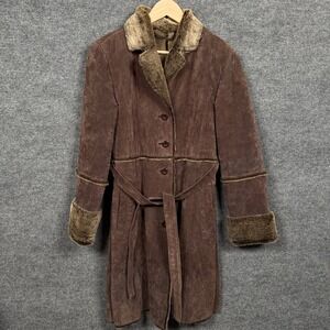 Vtg Y2K Brandon Thomas‎ Medium Trench Coat Brown Suede Leather Fur Lined Belted